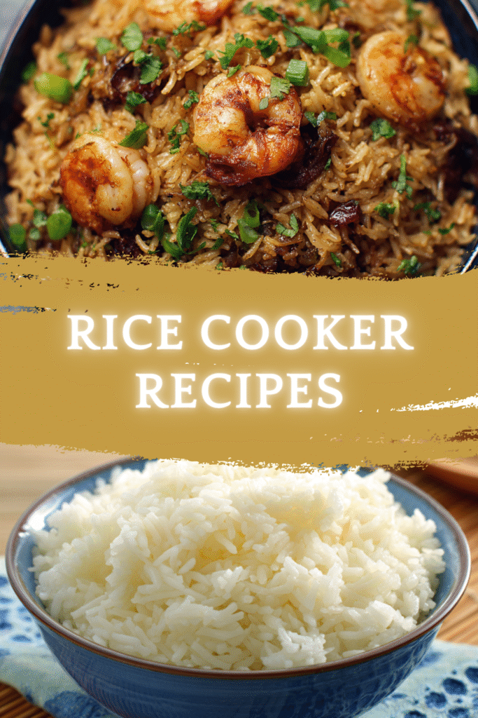 rice cooker recipes with shrimp and white rice in bowls