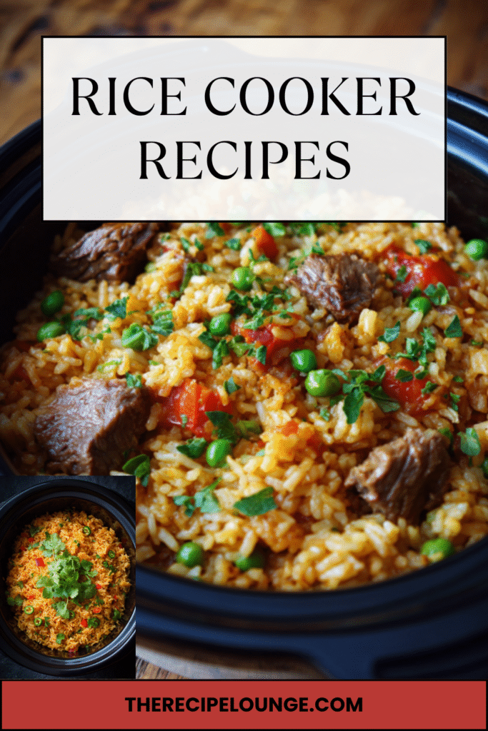 rice cooker recipes with beef, peas, and bell peppers in a black cooker