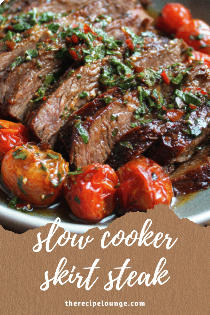 slow cooker skirt steak served with roasted tomatoes and herbs
