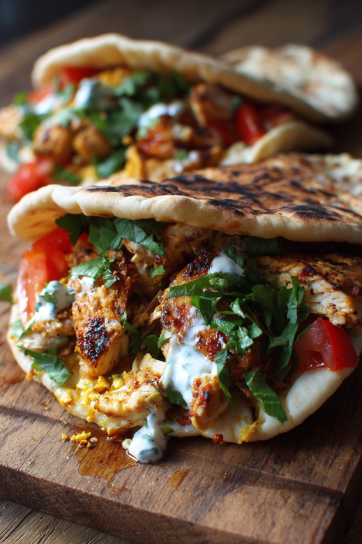 Chicken Pita Recipe That Tastes Like Takeout But Better 6 stacked chicken pita wraps with creamy tzatziki and vibrant toppings