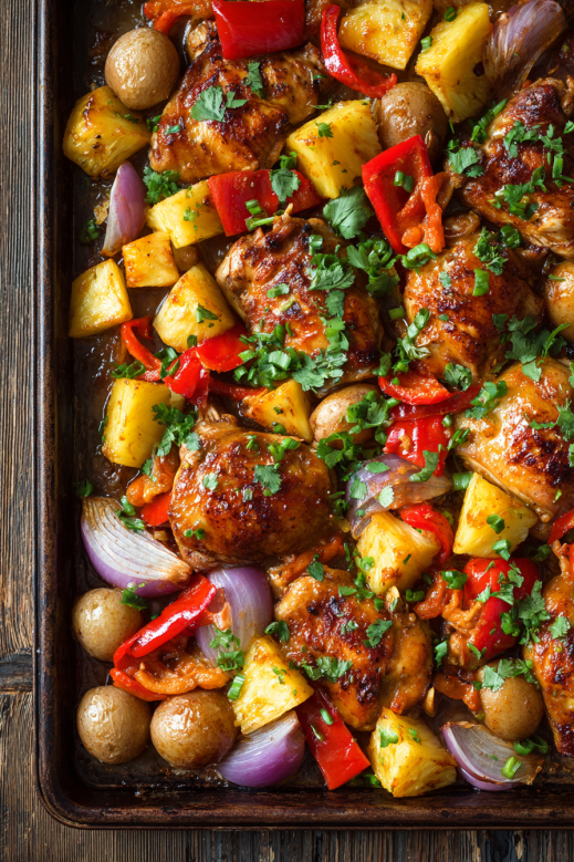 Hawaiian Chicken Sheet Pan: A Sweet & Savory One-Pan Wonder for Busy Weeknights 6 Hawaiian Chicken Sheet Pan with red peppers, pineapple, and potatoes before baking