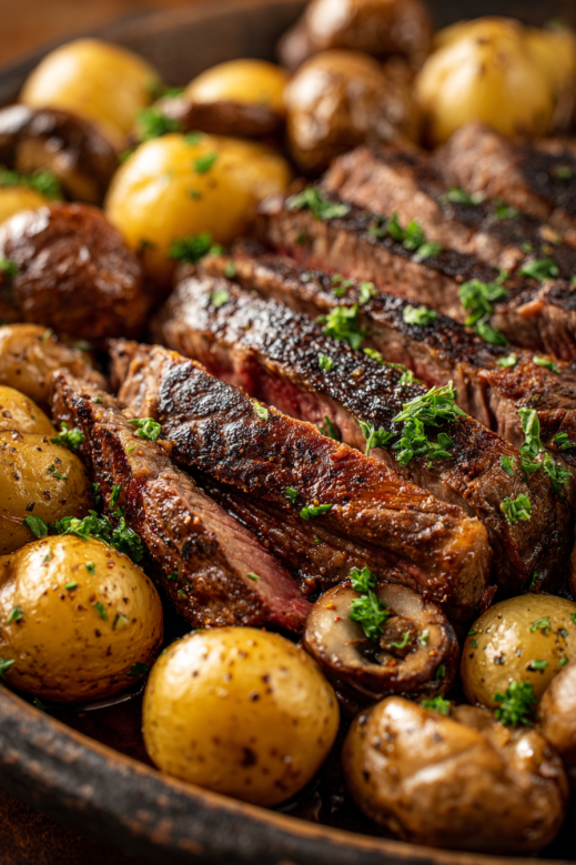sliced slow cooker steak and potatoes with mushrooms on plate