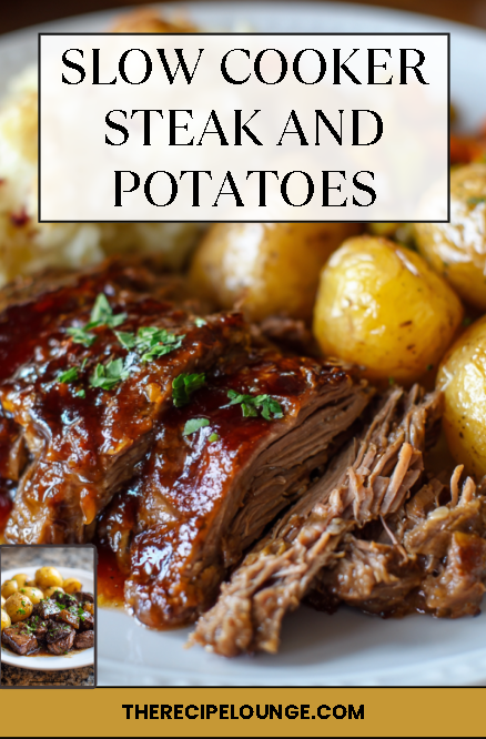 slow cooker steak with potatoes and rich gravy plated for dinner