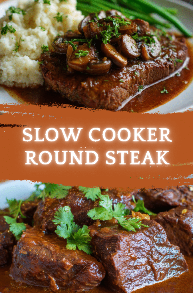 Plate of slow cooker round steak topped with mushrooms and brown gravy next to mashed potatoes and green beans