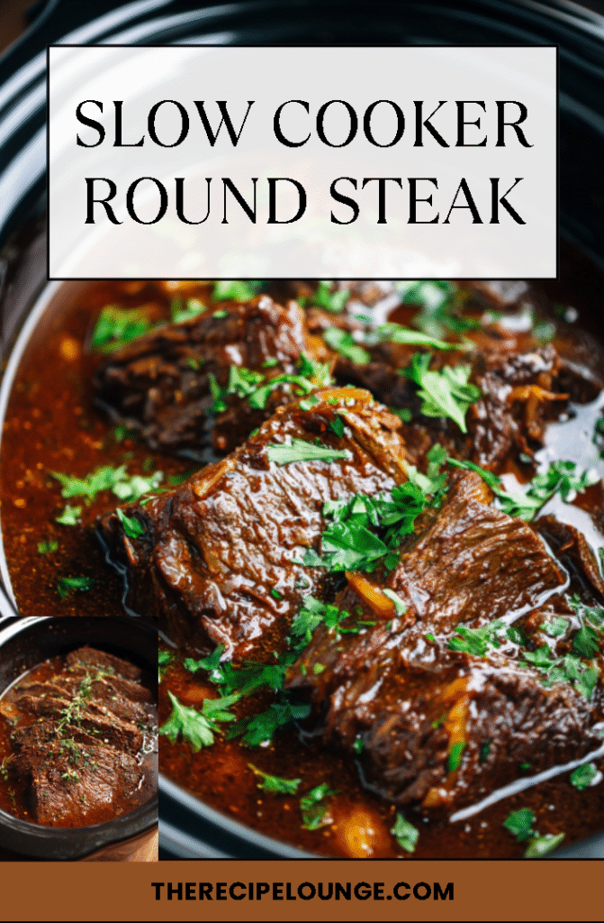 Close-up of slow cooked round steak in thick brown gravy, garnished with parsley in a crock pot