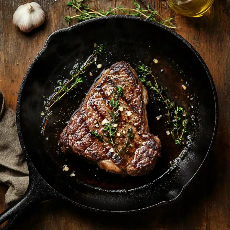 Denver steak cooking in a cast iron pan