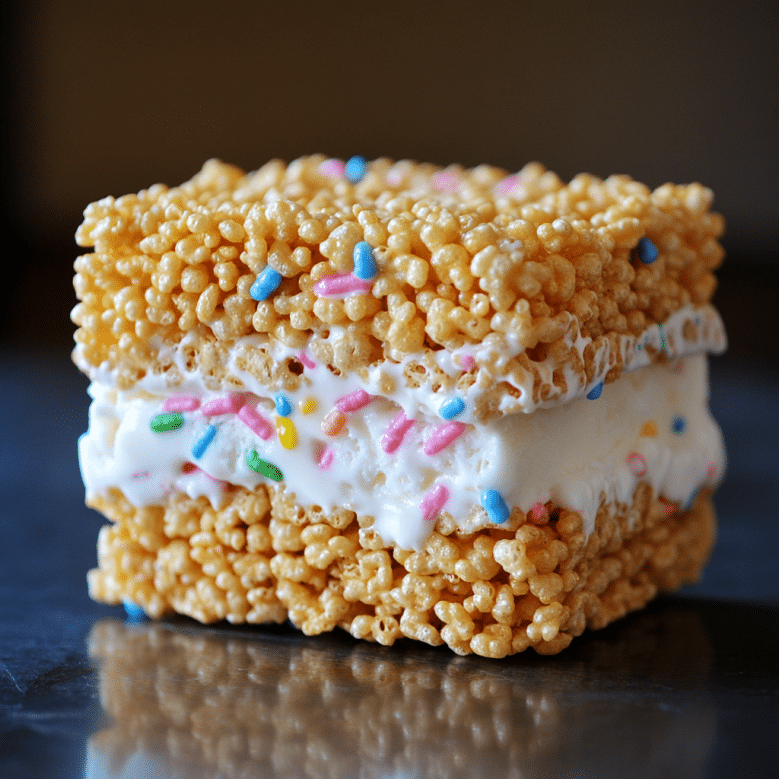 Irresistible Rice Crispy Treats Ice Cream Sandwich Recipe You’ll Love 7 close-up rice crispy treats ice cream sandwich with sprinkles