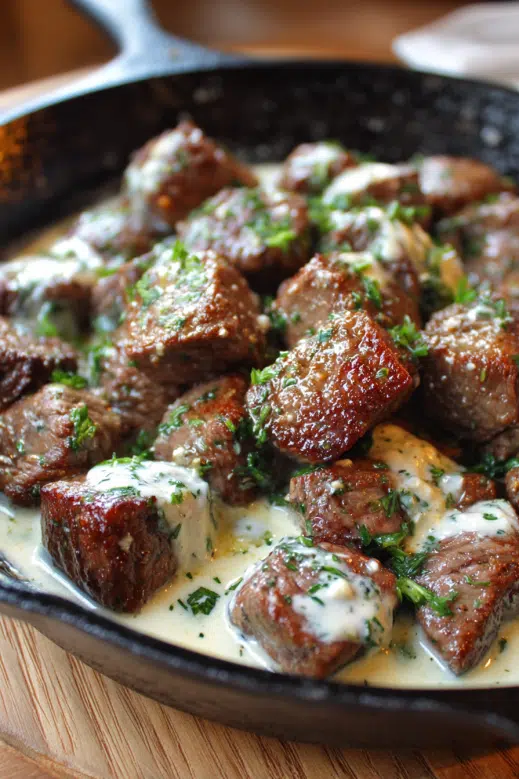 Garlic Butter Steak Bites with Parmesan Cream Sauce – A 30-Minute Dream Dinner 6 Garlic butter steak bites simmering in parmesan cream sauce in cast iron skillet