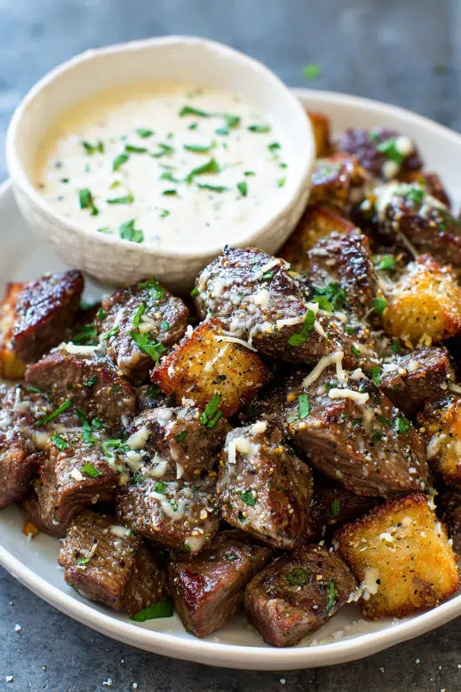 Garlic Butter Steak Bites with Parmesan Cream Sauce – A 30-Minute Dream Dinner 7 Garlic butter steak bites with parmesan cream sauce and crispy croutons on white plate