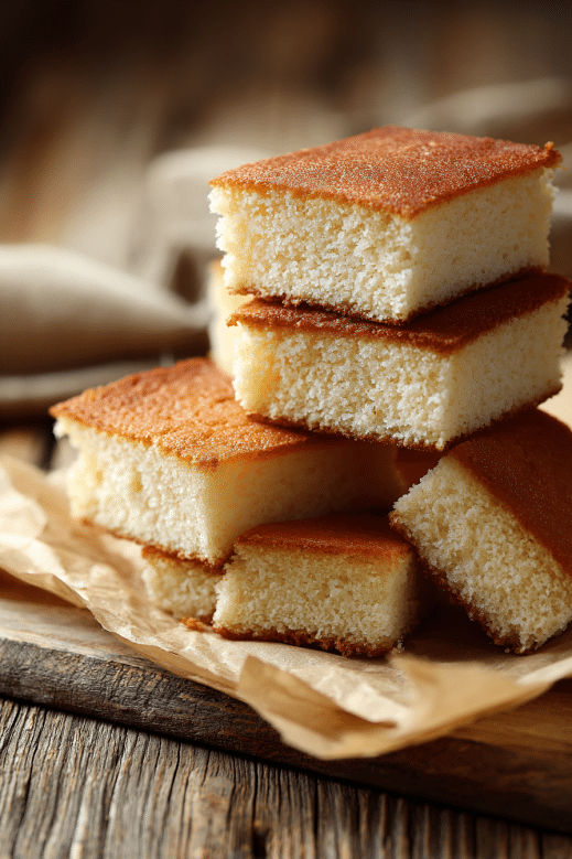 Cake Bar Recipe That Everyone Will Love (Simple, Sweet & Shareable) 6 Golden vanilla cake bars stacked on rustic parchment paper