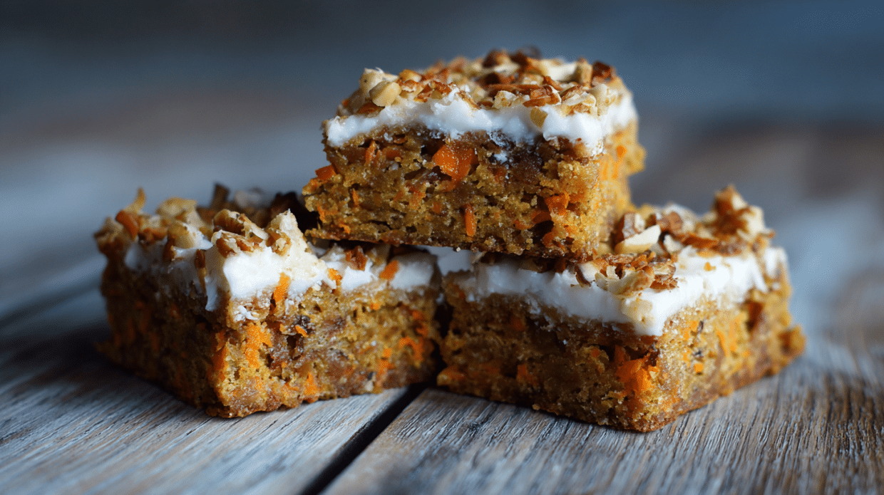 Carrot cake bars stacked with cream cheese frosting on wooden table