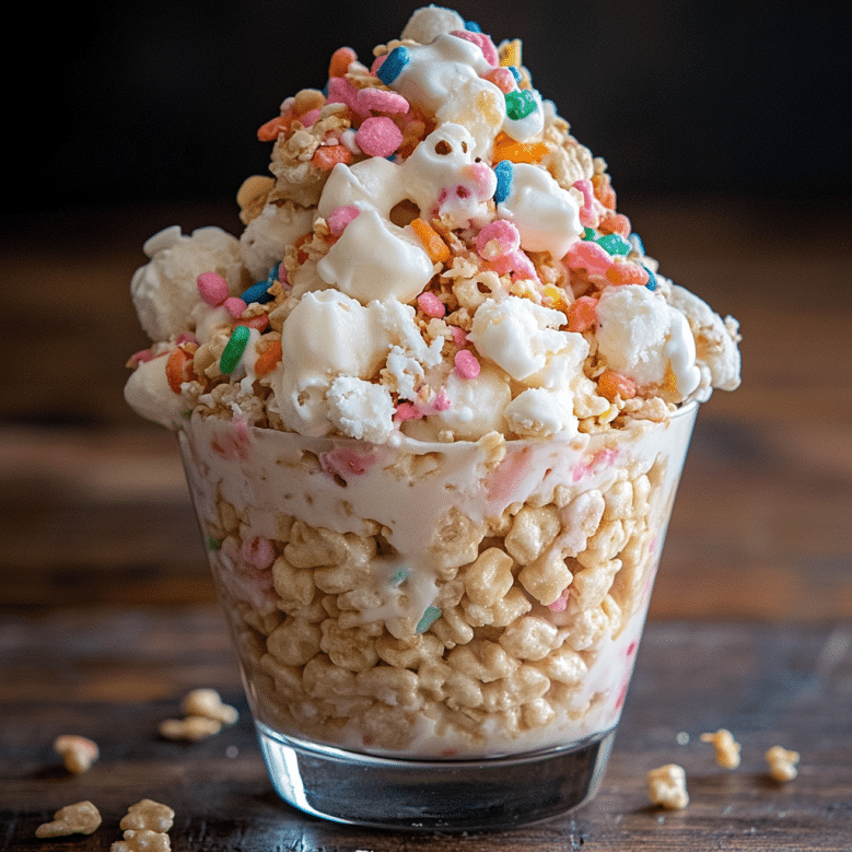 rice krispie ice cream with colorful cereal in glass