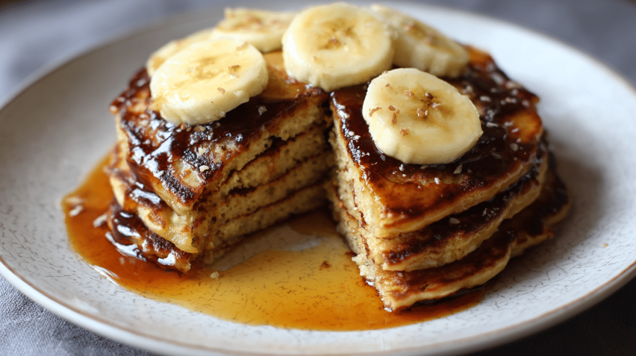 Stack of banana and protein pancakes topped with banana slices and maple syrup