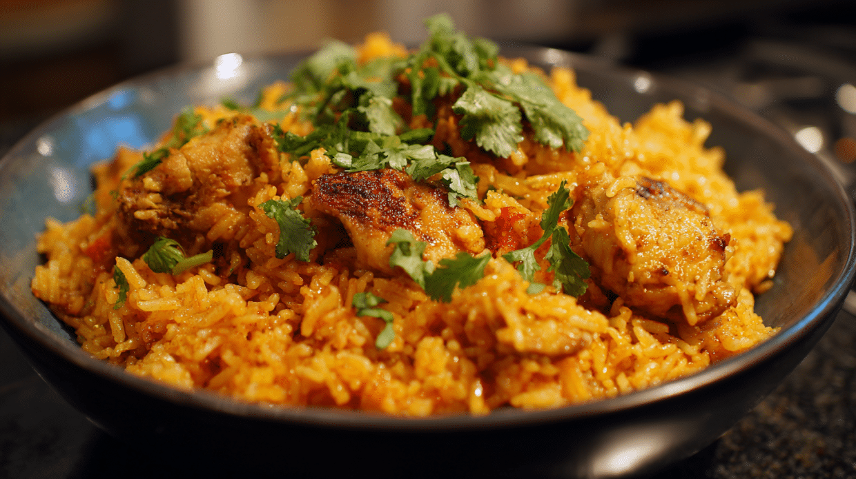 chicken recipe rice cooker served hot in a bowl with herbs