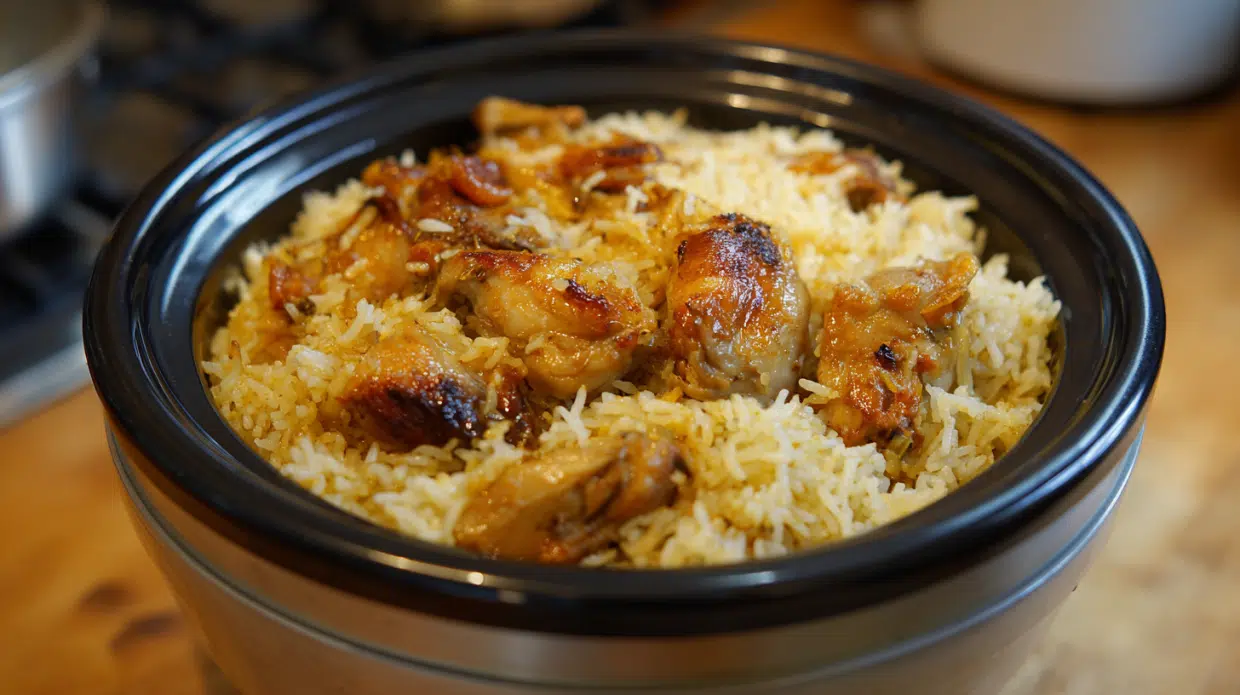 chicken rice with rice cooker served hot in pot