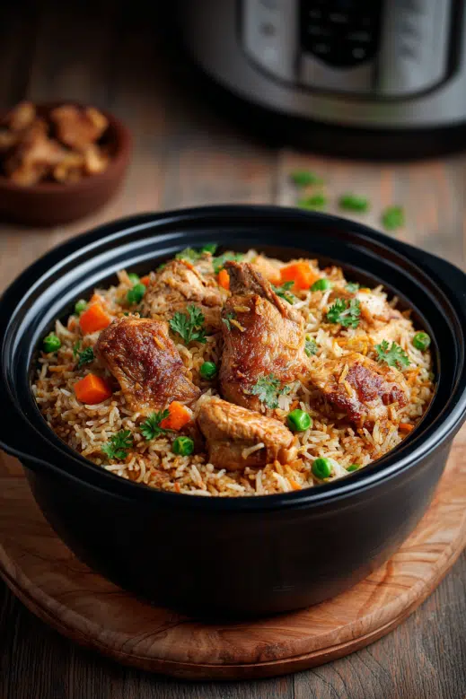 chicken rice with rice cooker served with vegetables in black pot