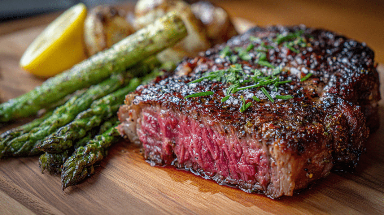 ribeye steak slow cook with grilled asparagus and lemon