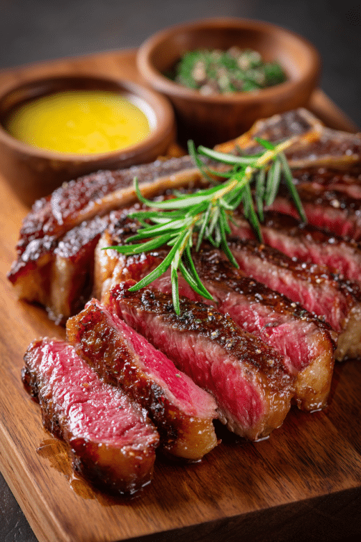 Ribeye Steak Slow Cook – The Ultimate Tender & Juicy Family Dinner 5 ribeye steak slow cook sliced and served with rosemary and sauces
