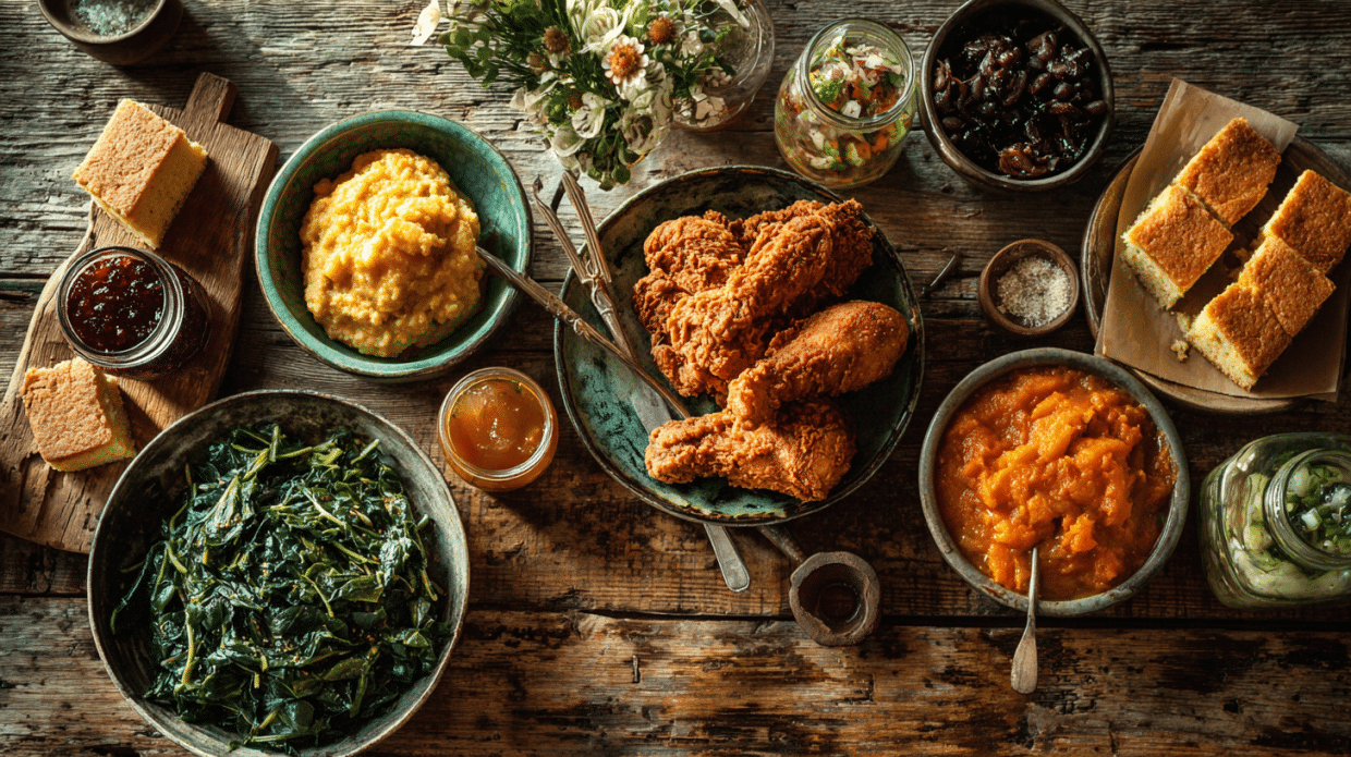 Soulfood recipes served on rustic table