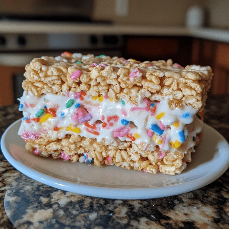 Rice Krispie Treat Ice Cream Sandwich: The Ultimate No-Bake Summer Dessert 6 Close-up of rice krispie treat ice cream sandwich with rainbow sprinkles