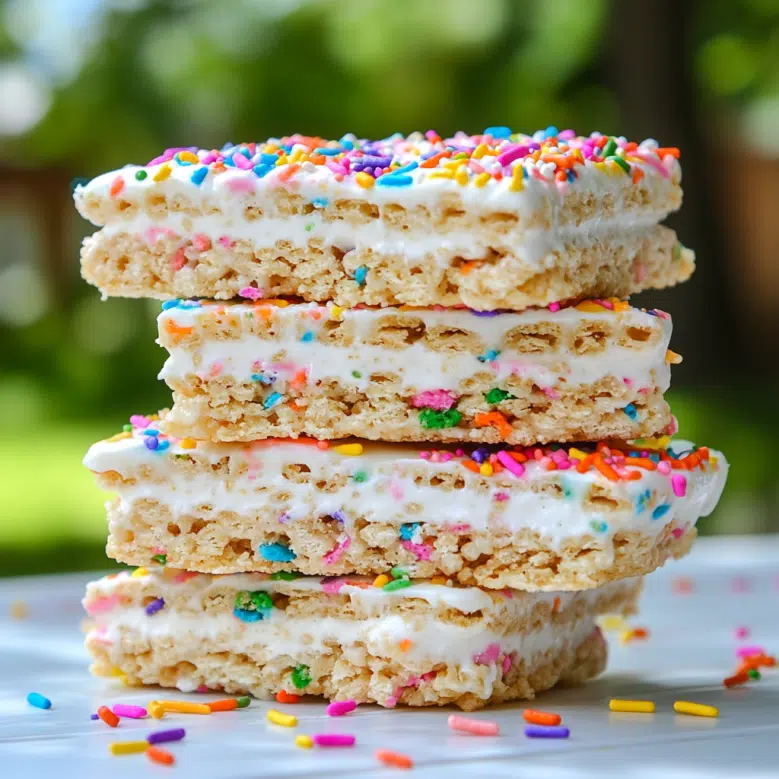 Stacked rice krispie treat ice cream sandwiches with colorful sprinkles