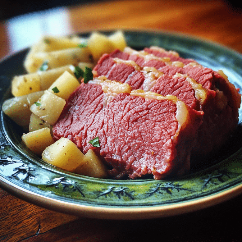 This Instant Pot Corned Beef Recipe Is the Best Thing I’ve Ever Cooked 8 Close-up of sliced instant pot corned beef with potatoes