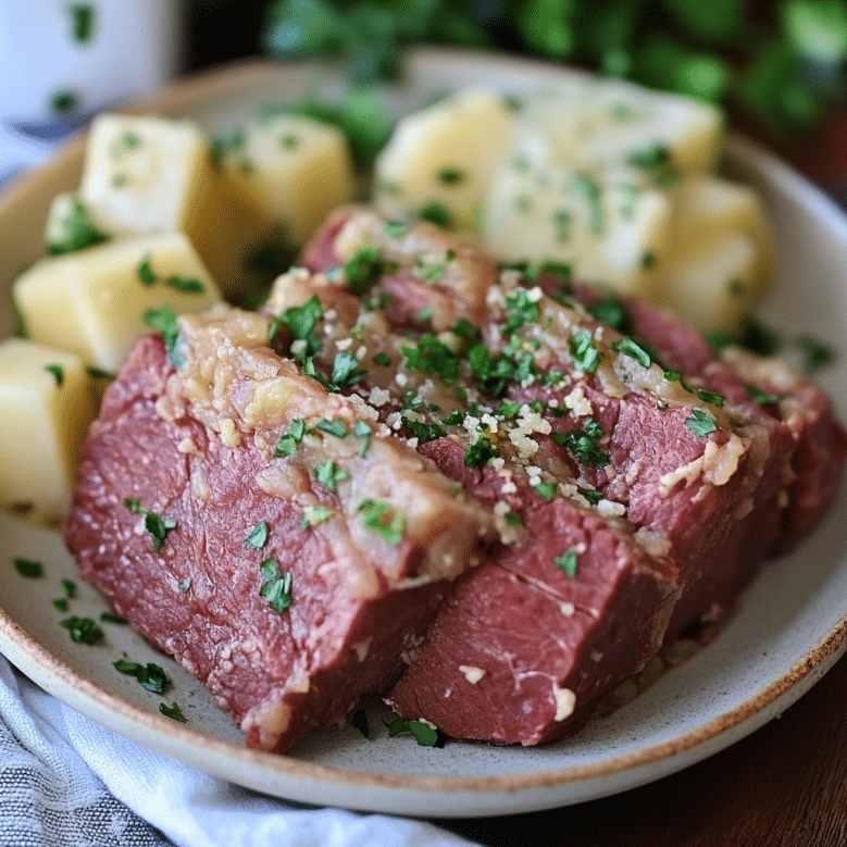 This Instant Pot Corned Beef Recipe Is the Best Thing I’ve Ever Cooked 9 Sliced instant pot corned beef topped with parsley and served with potatoes