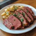 corned beef instant pot served with potatoes on white plate