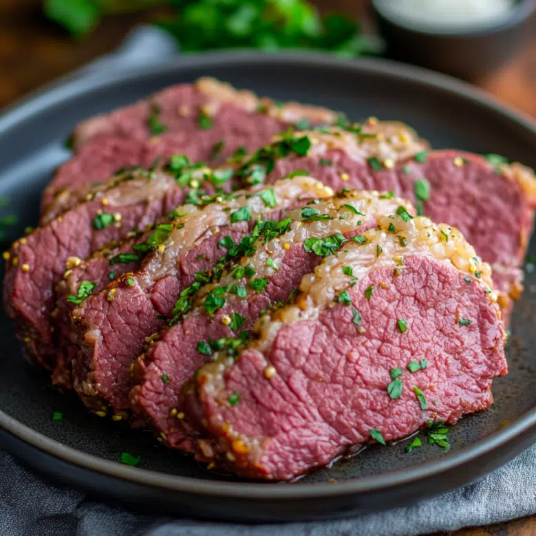 corned beef instant pot recipe card sliced on black plate