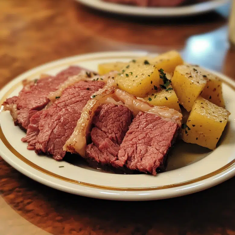 Corned beef in Instant Pot served with seasoned potatoes on a white plate