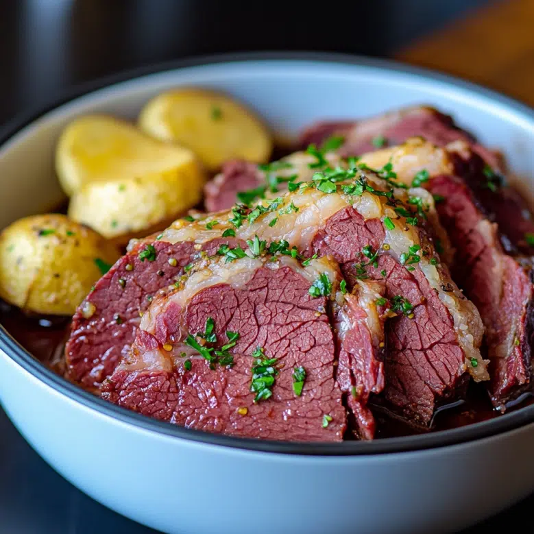 Corned beef in Instant Pot served in a white bowl with baby potatoes