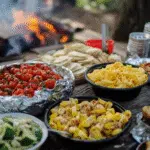 Assorted camping snacks in foil and bowls next to a campfire