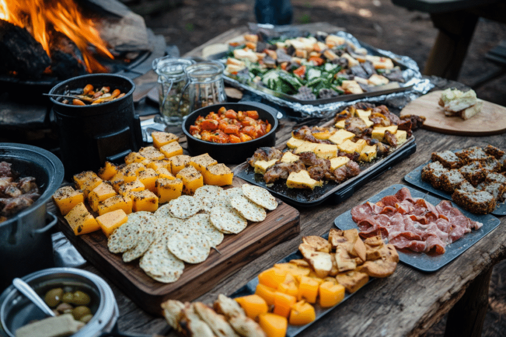 Camping Snacks: Easy, Fun Ideas for Every Outdoor Adventure 10 Camping snacks with grilled meats, cheese cubes, charcuterie, and vegetables by a campfire