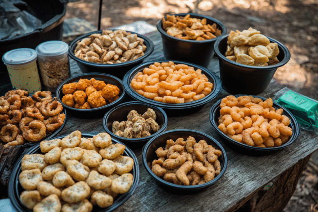Crunchy camp snacks including cheese puffs, trail mix bites, and snack crackers in bowls
