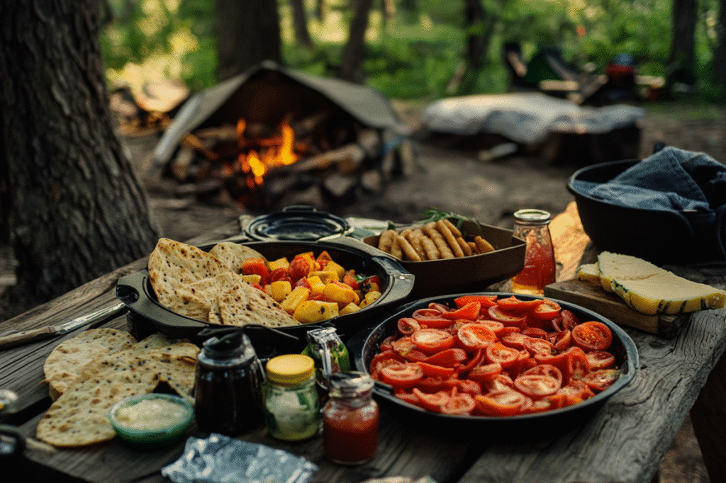 Camp snacks on a wooden table with flatbreads, roasted vegetables, cheese, and tomatoes near a campfire