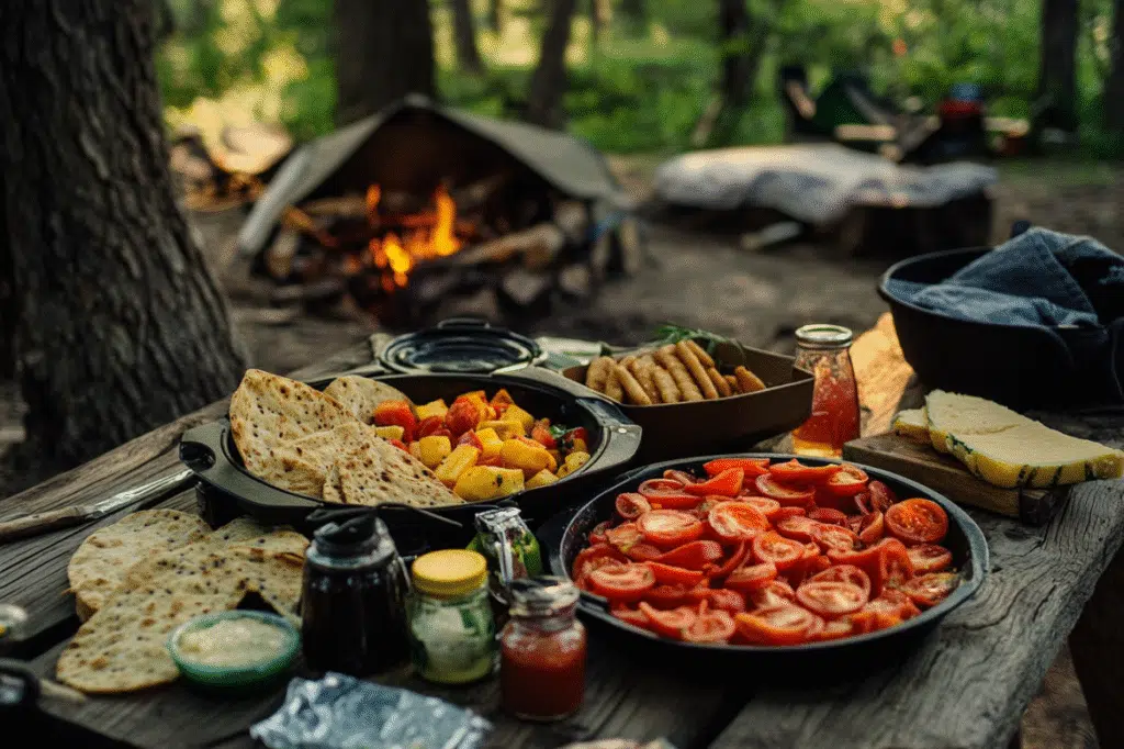 Camp Snacks: Simple, Tasty Ideas for Every Outdoor Trip 7 Camp snacks on a wooden table with flatbreads, roasted vegetables, cheese, and tomatoes near a campfire