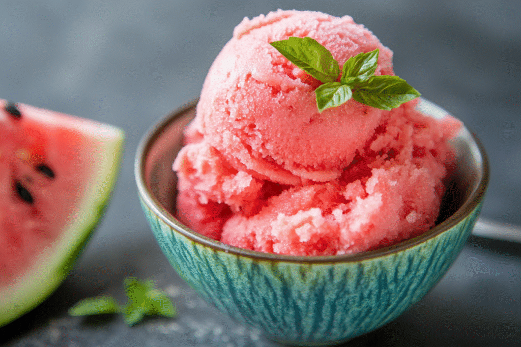 Watermelon Sorbet: Easy, Refreshing Summer Treat in Minutes 8 Watermelon sorbet served in a green ceramic bowl with basil