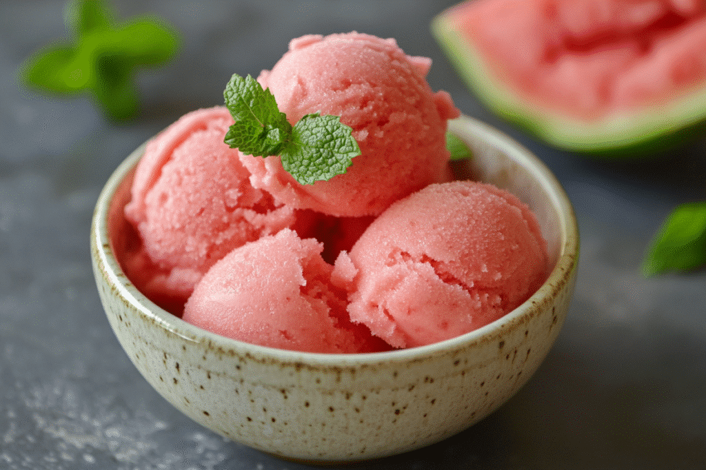 Watermelon Sorbet: Easy, Refreshing Summer Treat in Minutes 10 Multiple scoops of watermelon sorbet in a ceramic bowl with mint