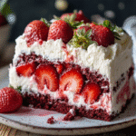 How to Make the Ultimate Strawberry Earthquake Cake 5 slice of strawberry earthquake cake with whole strawberries and whipped cream