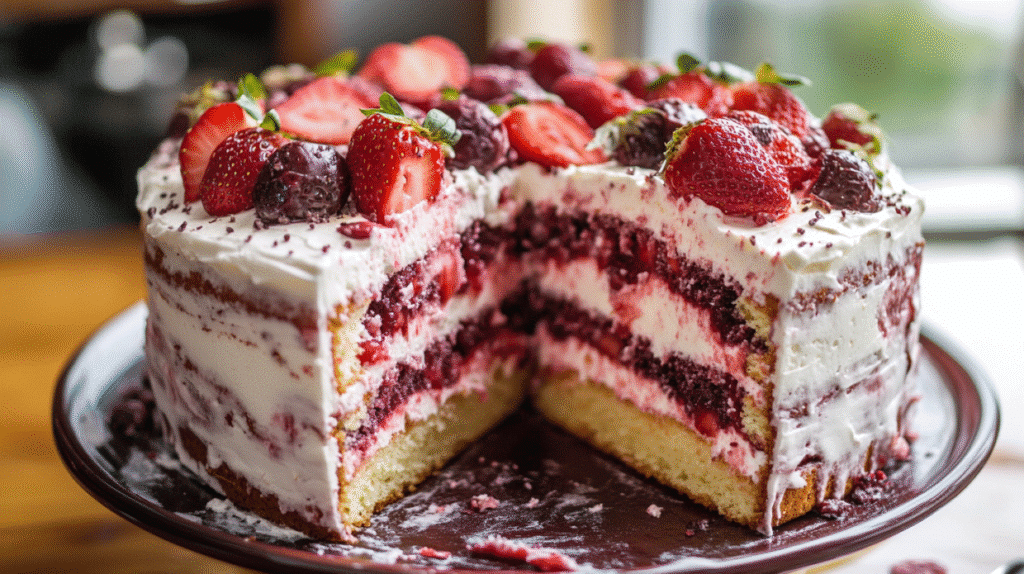 How to Make the Ultimate Strawberry Earthquake Cake 6 multi-layer strawberry earthquake cake with whipped cream and berries