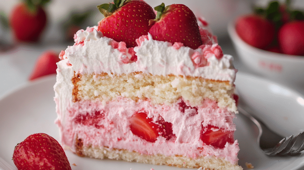 How to Make the Ultimate Strawberry Earthquake Cake 7 fluffy strawberry earthquake cake slice with whipped cream and fresh strawberries