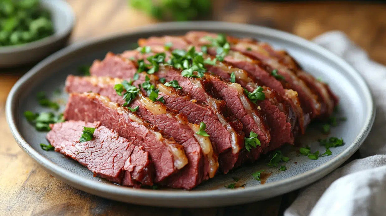 corned beef instant pot served with potatoes on white plate