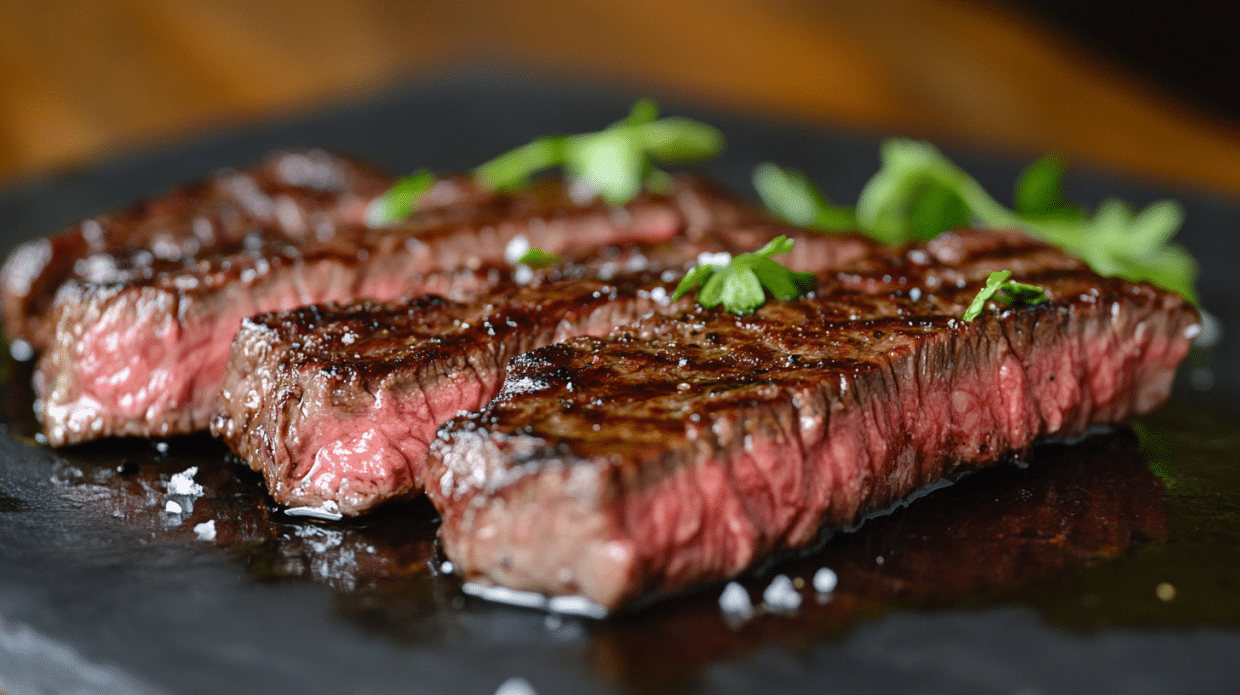 Juicy grilled skirt steak steaks sliced on a wooden cutting board with visible sear marks and pink center