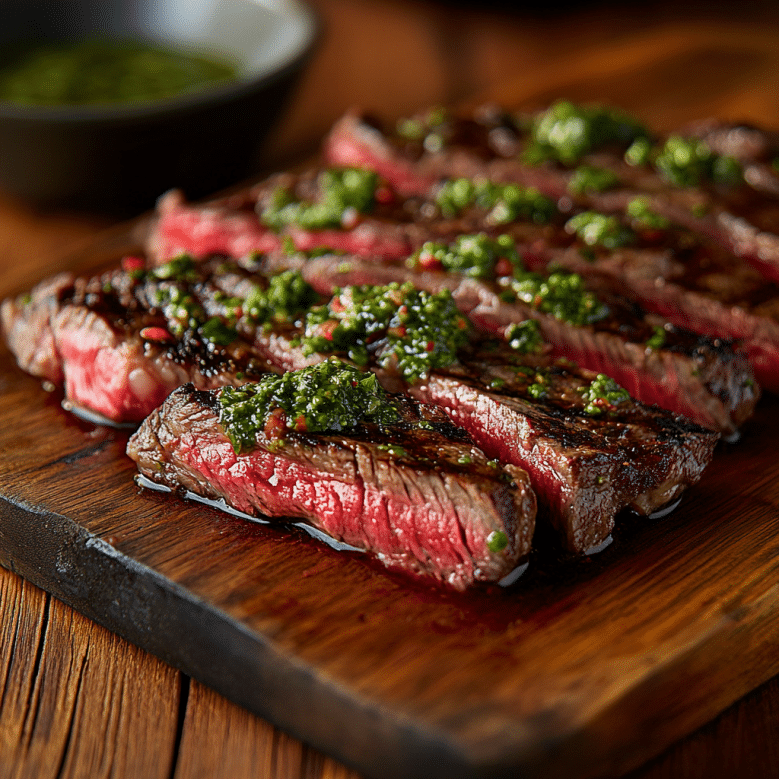 Skirt Steak Steaks: Unlock the Juiciest, Most Underrated Cut Tonight 6 Sliced grilled skirt steak steaks topped with green chimichurri sauce on a dark wooden board