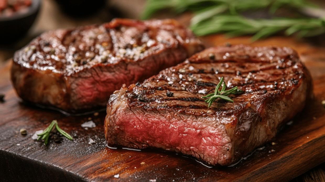 juicy rib eye steak on cutting board