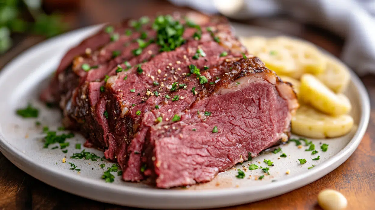 Corned beef in Instant Pot sliced and served with potatoes