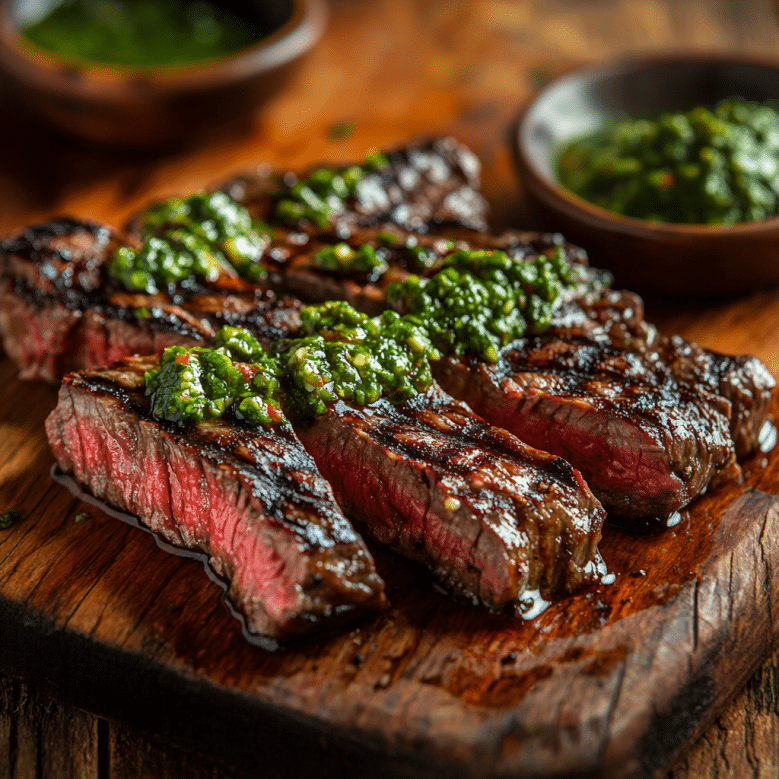 Skirt Steak Steaks: Unlock the Juiciest, Most Underrated Cut Tonight 7 Grilled skirt steak steaks sliced on rustic wood, topped with fresh chimichurri sauce