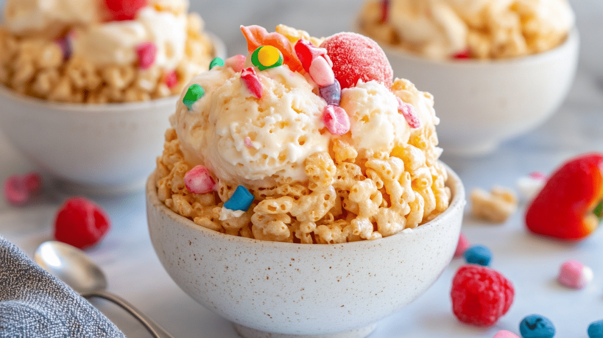 rice krispie ice cream with colorful cereal in glass