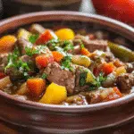summer slow cooker recipe with beef and vegetables in rustic bowl