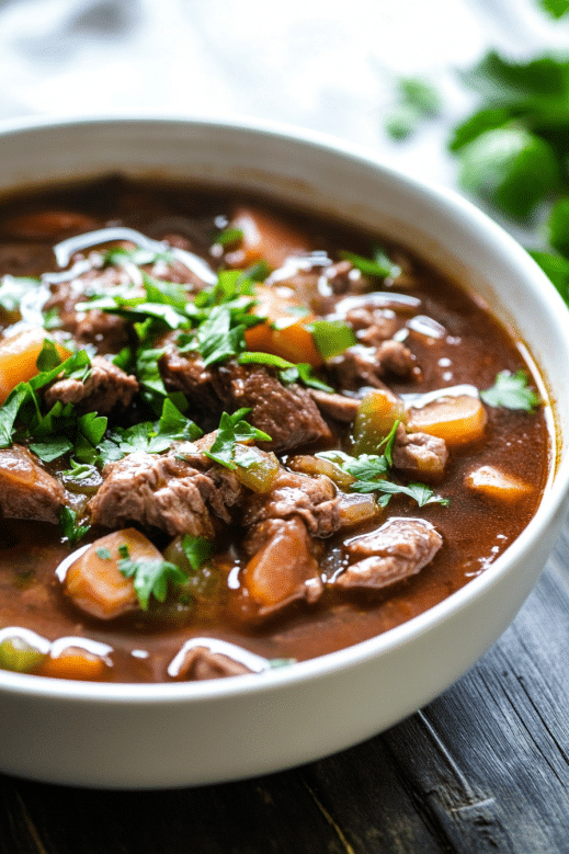 light summer slow cooker beef stew in white bowl